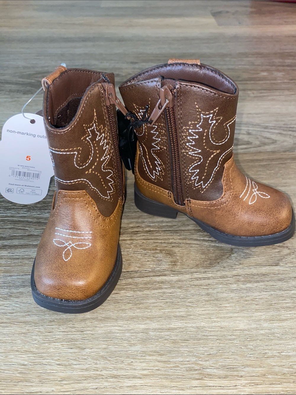wonder nation Brown Kids Western Booties with White Stitching